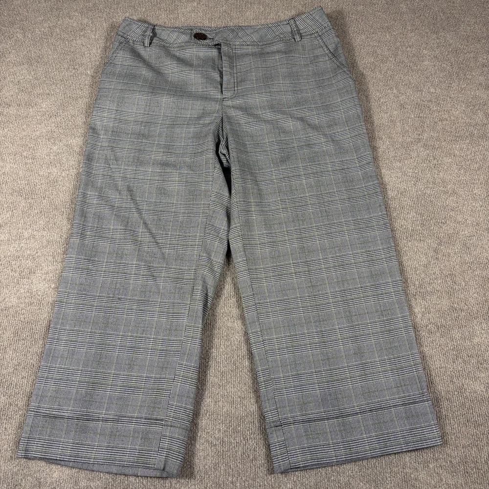 AB Studio Womens Plaid Dress Pants Size 12 Gray Cropped Wide Leg Career Stretch
